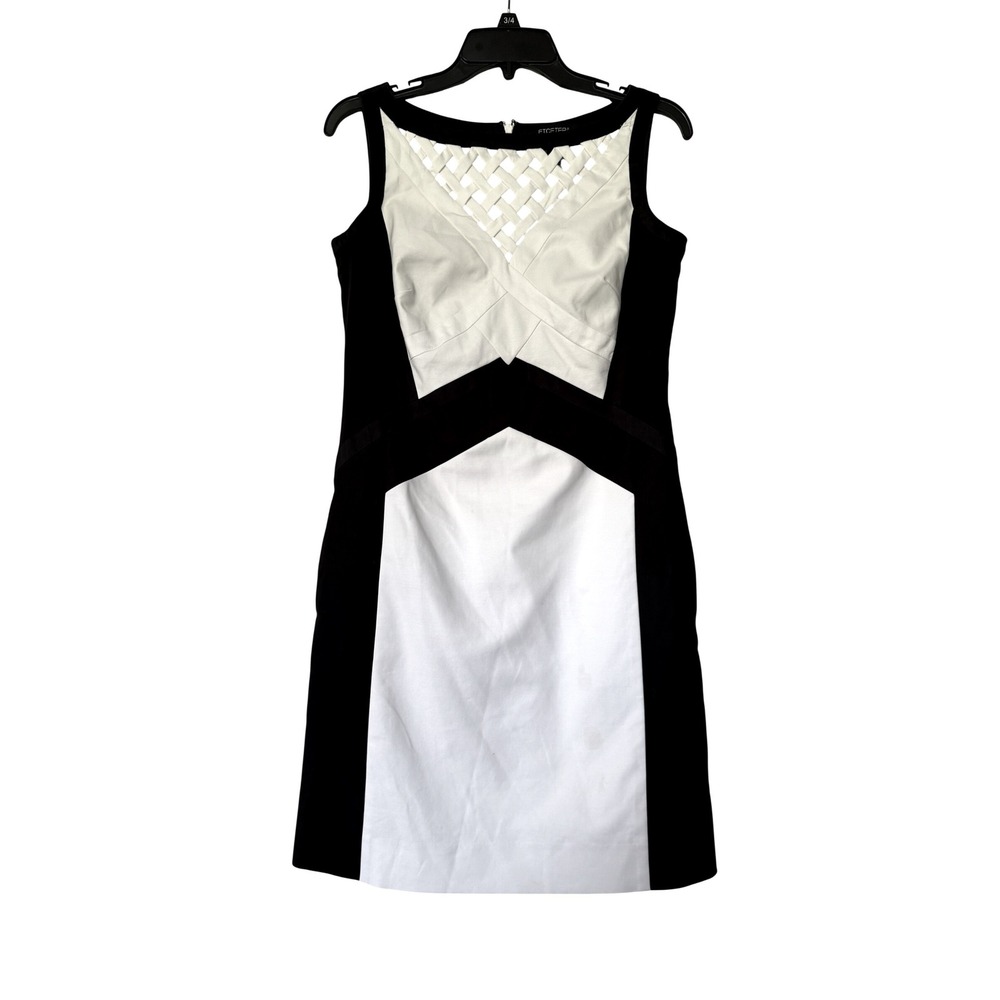 Etcetera Black White Colorblock Lattice Neck Sheath Dress Size 2 Cotton Blend